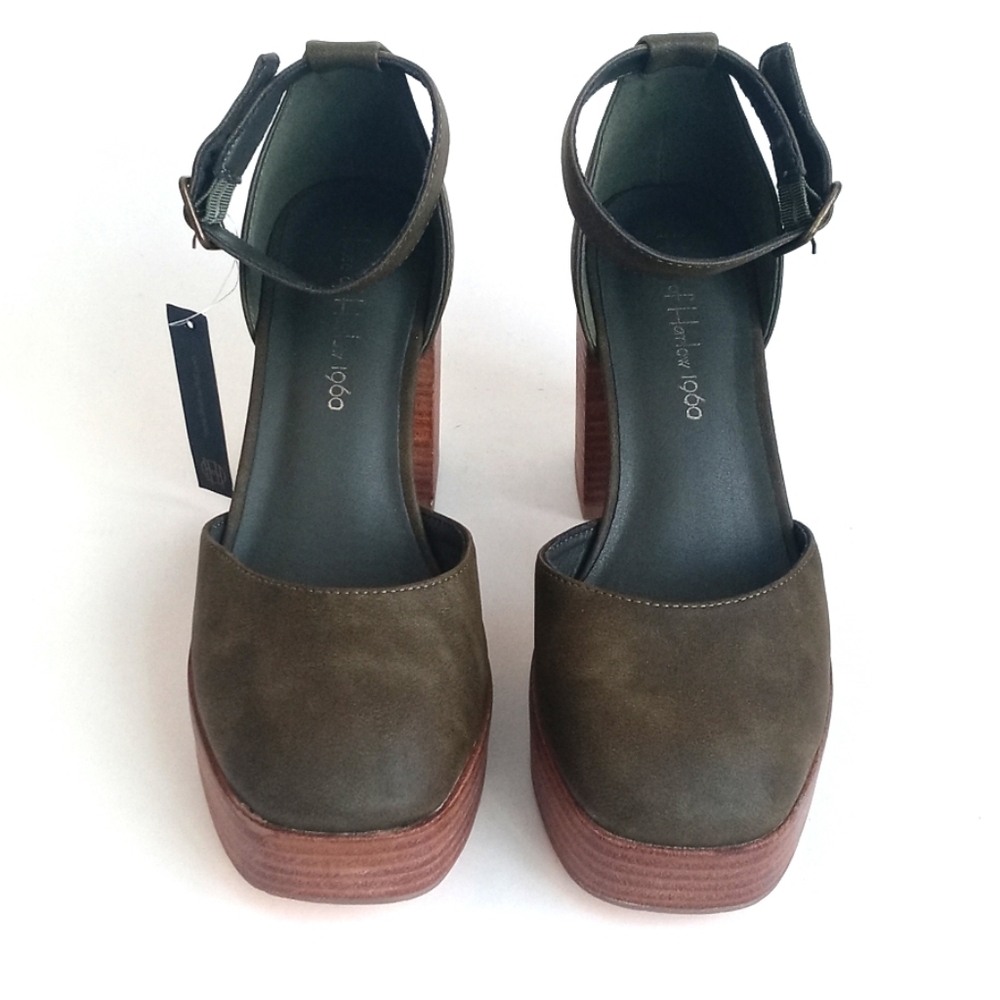 House of Harlow 1960 Olive Green Square Toe Ankle Strap Platform Heels 8M - Picture 2 of 16